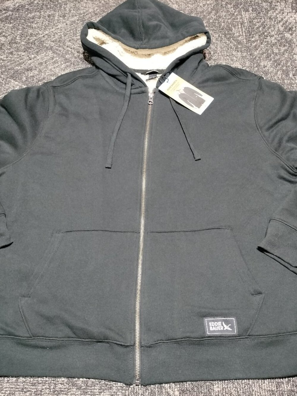 Eddie Bauer Men's Large Faux Shearling Lined Hoodie Black Full Zip Hoodie NEW